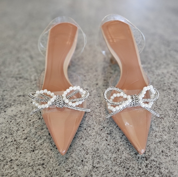 Nude/Clear Pointed Sling Back Kitten Heels with Pearl & Crystal Bow - Picture 6 of 7